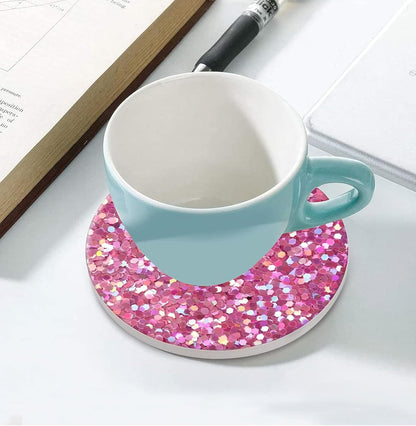 Pink Glitter Drink Absorbent Coaster,Cool Deisgn Ceramic Drink Coaster with Cork Base,Housewarming Gifts,Tabletop Protection Suitable for Kinds of Cups(Pack of 4)
