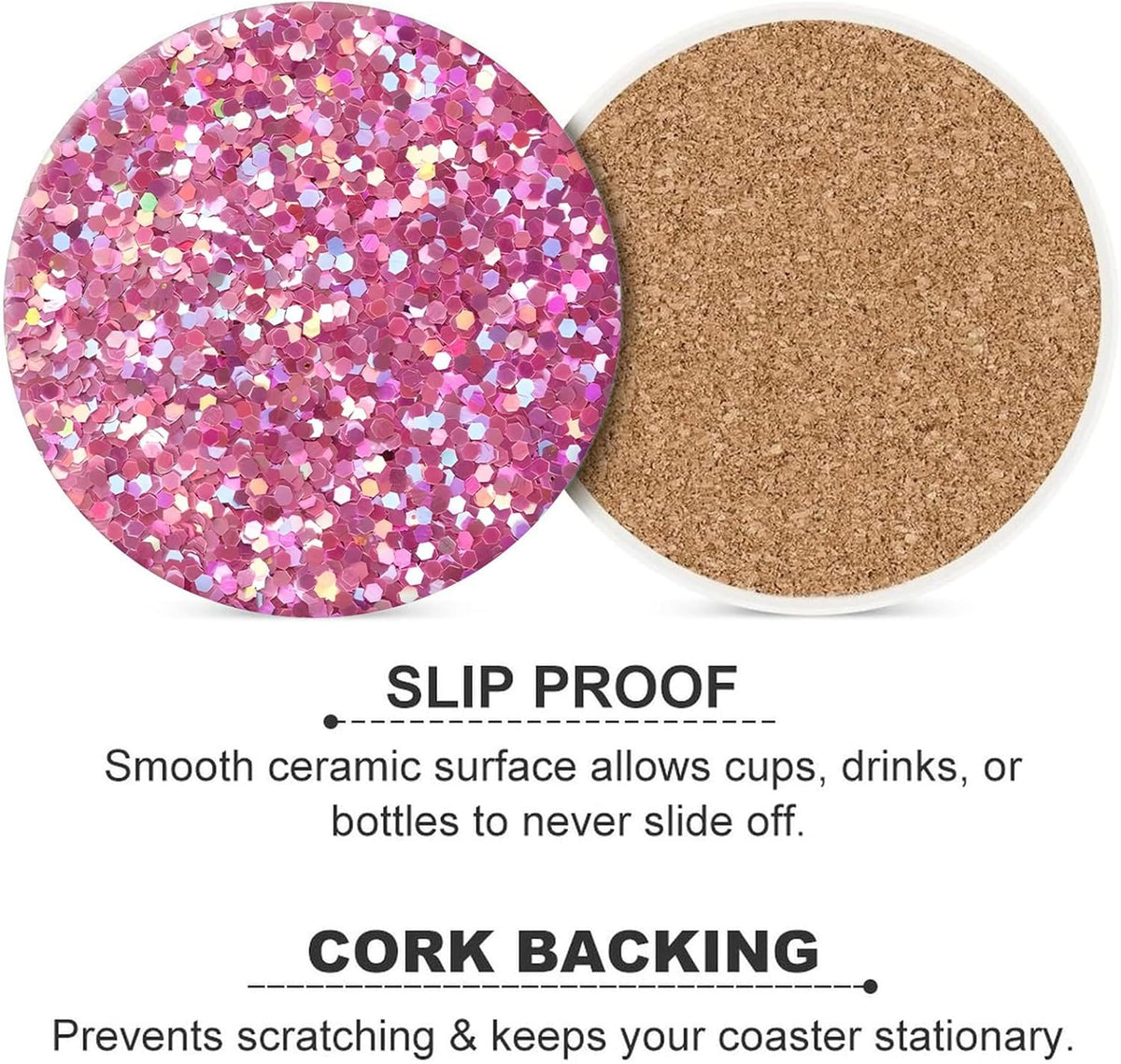 Pink Glitter Drink Absorbent Coaster,Cool Deisgn Ceramic Drink Coaster with Cork Base,Housewarming Gifts,Tabletop Protection Suitable for Kinds of Cups(Pack of 4)