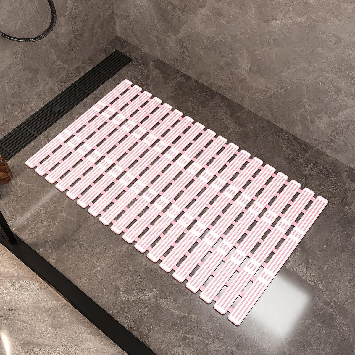 Non-Slip Shower Mat,Non-Slip Floor Mat with Suction Cups,Wall-Attachable for Storage and Customizable Size, Suitable for Bathrooms and Spa Environments(Pink,68x40cm/26.8x15.7in)