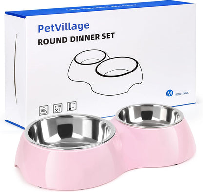 Double Dog Bowls Set – Non-Slip Pet Food & Water Dishes with Resin Stand, Includes Small (1 Cup) & Medium (2 Cups) Bowls – Ideal for Puppies and Cats– Pink