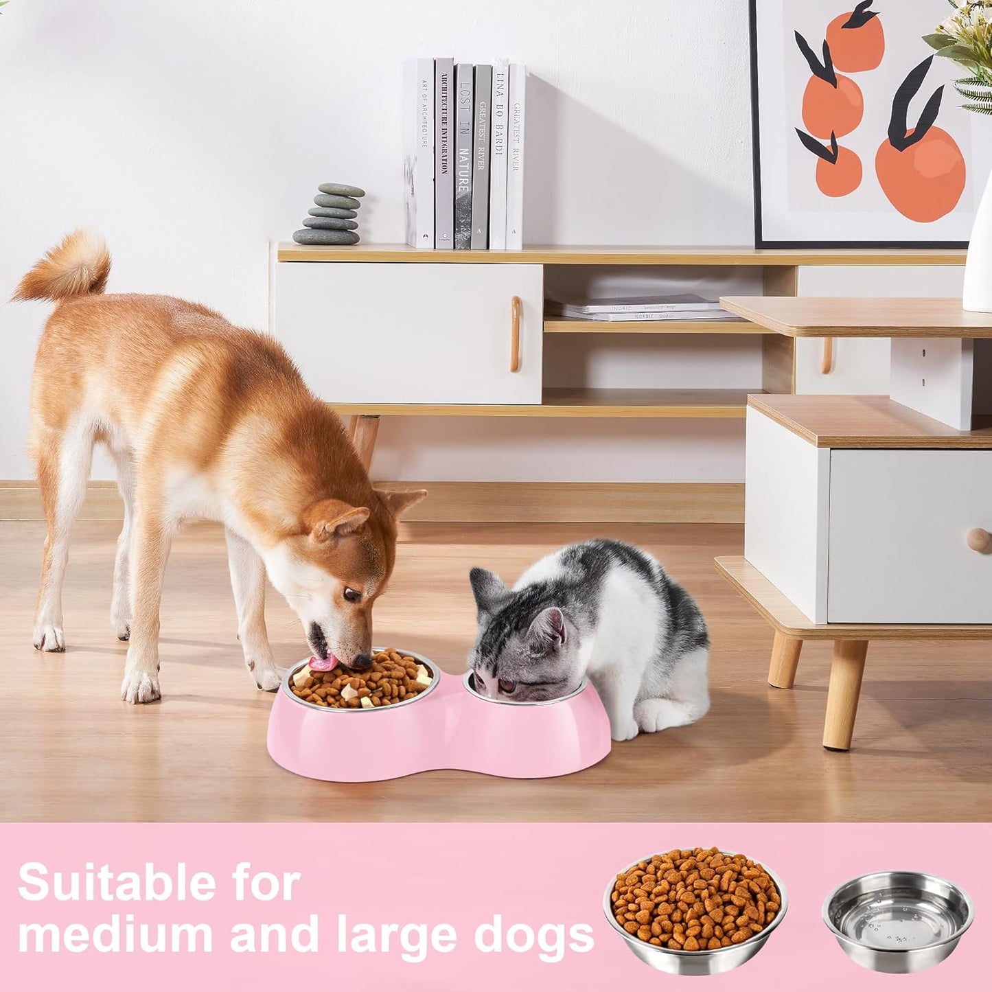 Double Dog Bowls Set – Non-Slip Pet Food & Water Dishes with Resin Stand, Includes Small (1 Cup) & Medium (2 Cups) Bowls – Ideal for Puppies and Cats– Pink