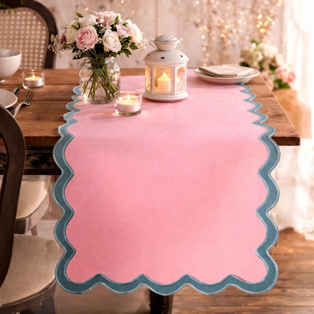 Table Runner 108 inches Long | Scalloped Pink Table Runner for Dining Room, Party Decorations | 100% Cotton, Machine Washable, Farmhouse Table Runner for Hannah Montana Party Decorations