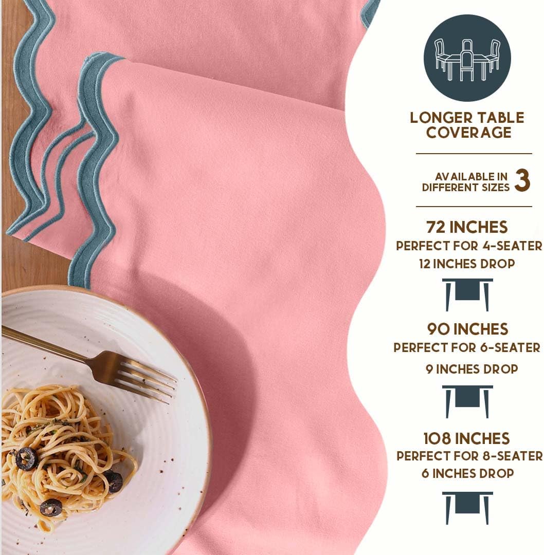 Table Runner 108 inches Long | Scalloped Pink Table Runner for Dining Room, Party Decorations | 100% Cotton, Machine Washable, Farmhouse Table Runner for Hannah Montana Party Decorations