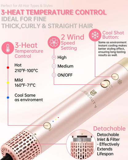 Hair Dryer Brush 8-in-1 Dual Voltage Hot Air Styler – Fast-Drying 110,000 RPM Ionic Blow Dryer with Straightener & Curler Attachments, Frizz-Free Volumizing Styler with Protective Hard Case-Pink