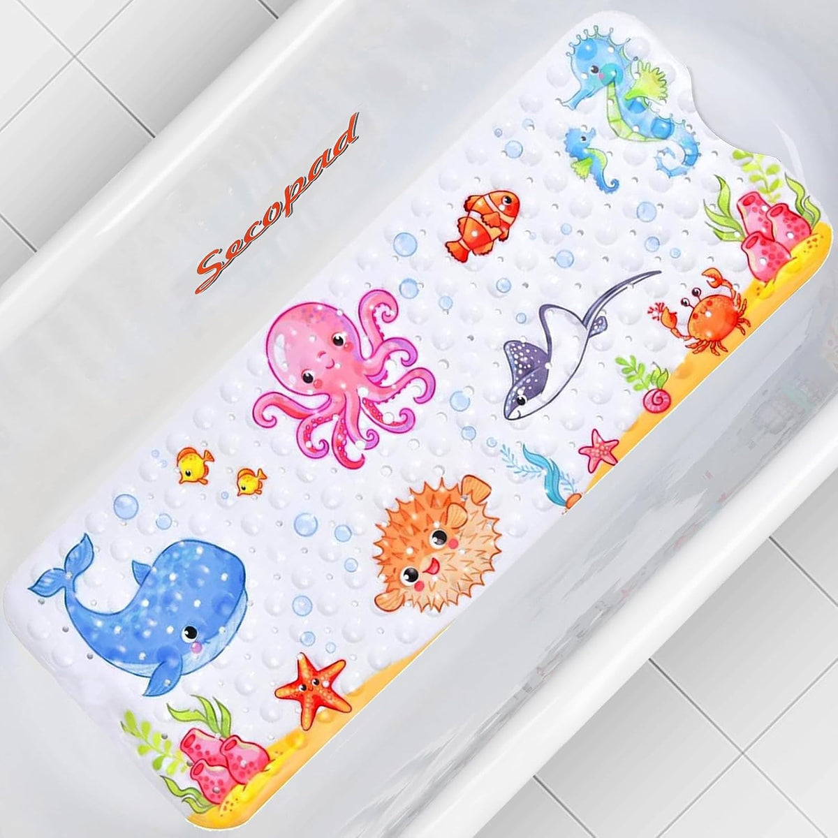 Bathtub Mat Non Slip, Cartoon Bath Tub Mat, 40" x 16", Pink Octopus