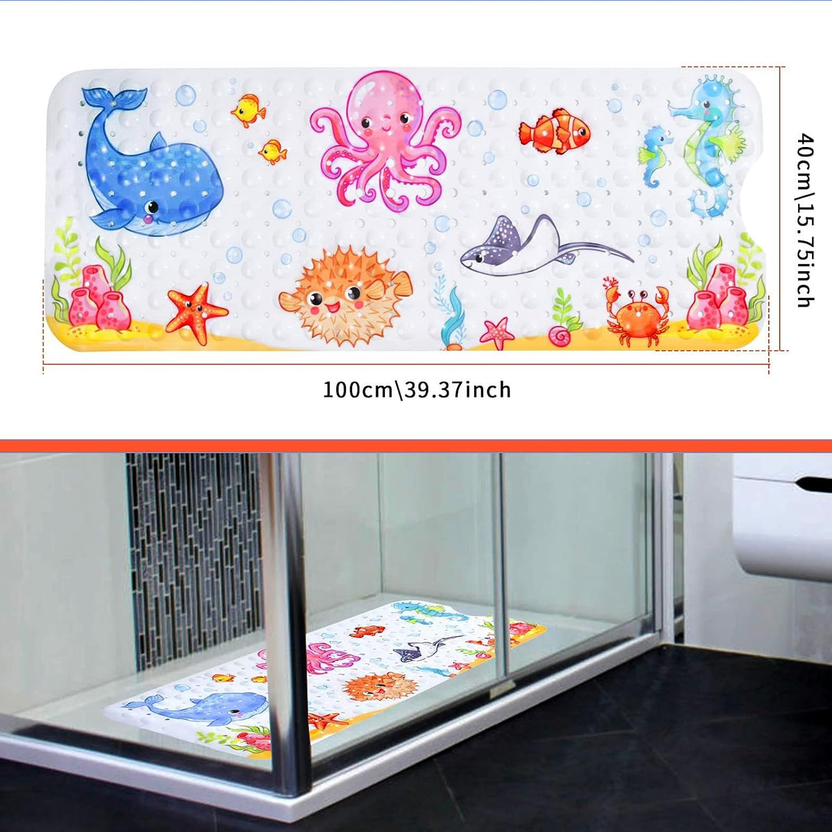 Bathtub Mat Non Slip, Cartoon Bath Tub Mat, 40" x 16", Pink Octopus