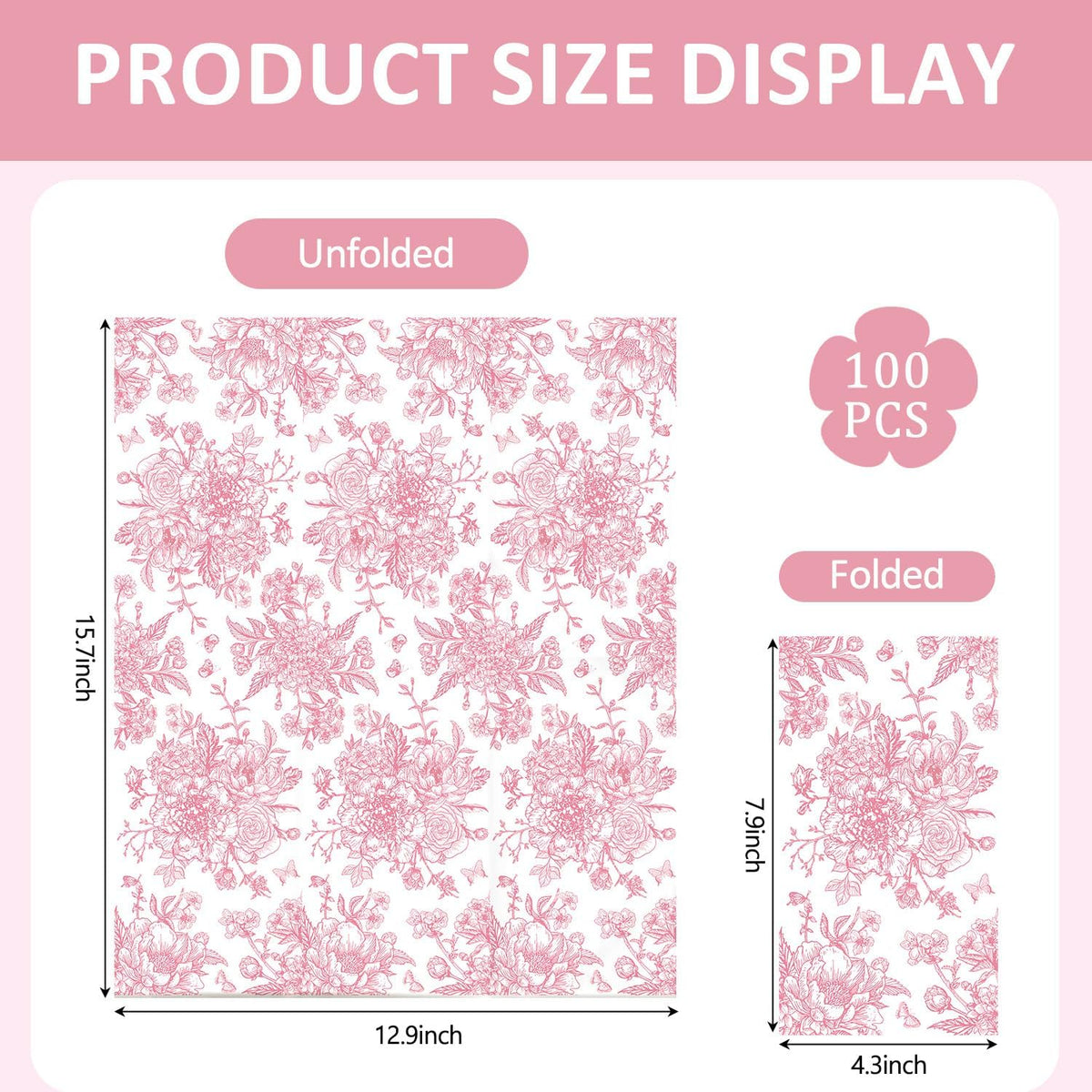 100Pcs Pink Floral Napkins Flower Paper Hand Towels Pink Dinner Napkins