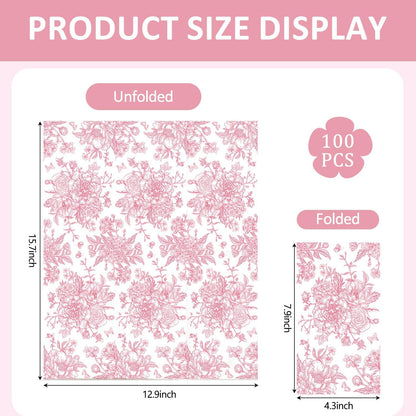 100Pcs Pink Floral Napkins Flower Paper Hand Towels Pink Dinner Napkins
