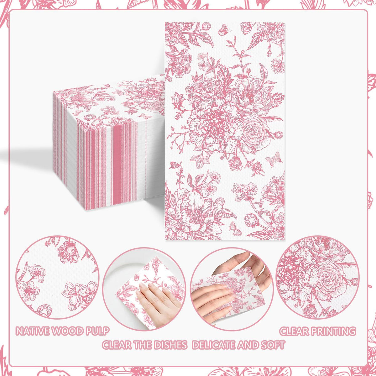 100Pcs Pink Floral Napkins Flower Paper Hand Towels Pink Dinner Napkins