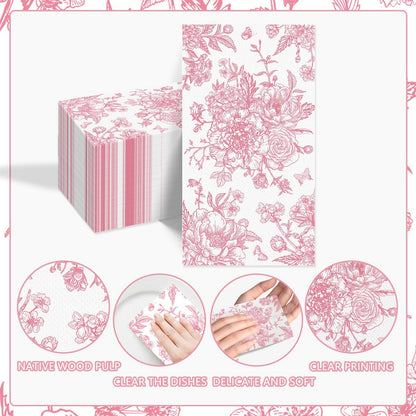 100Pcs Pink Floral Napkins Flower Paper Hand Towels Pink Dinner Napkins