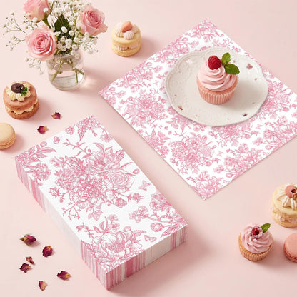 100Pcs Pink Floral Napkins Flower Paper Hand Towels Pink Dinner Napkins