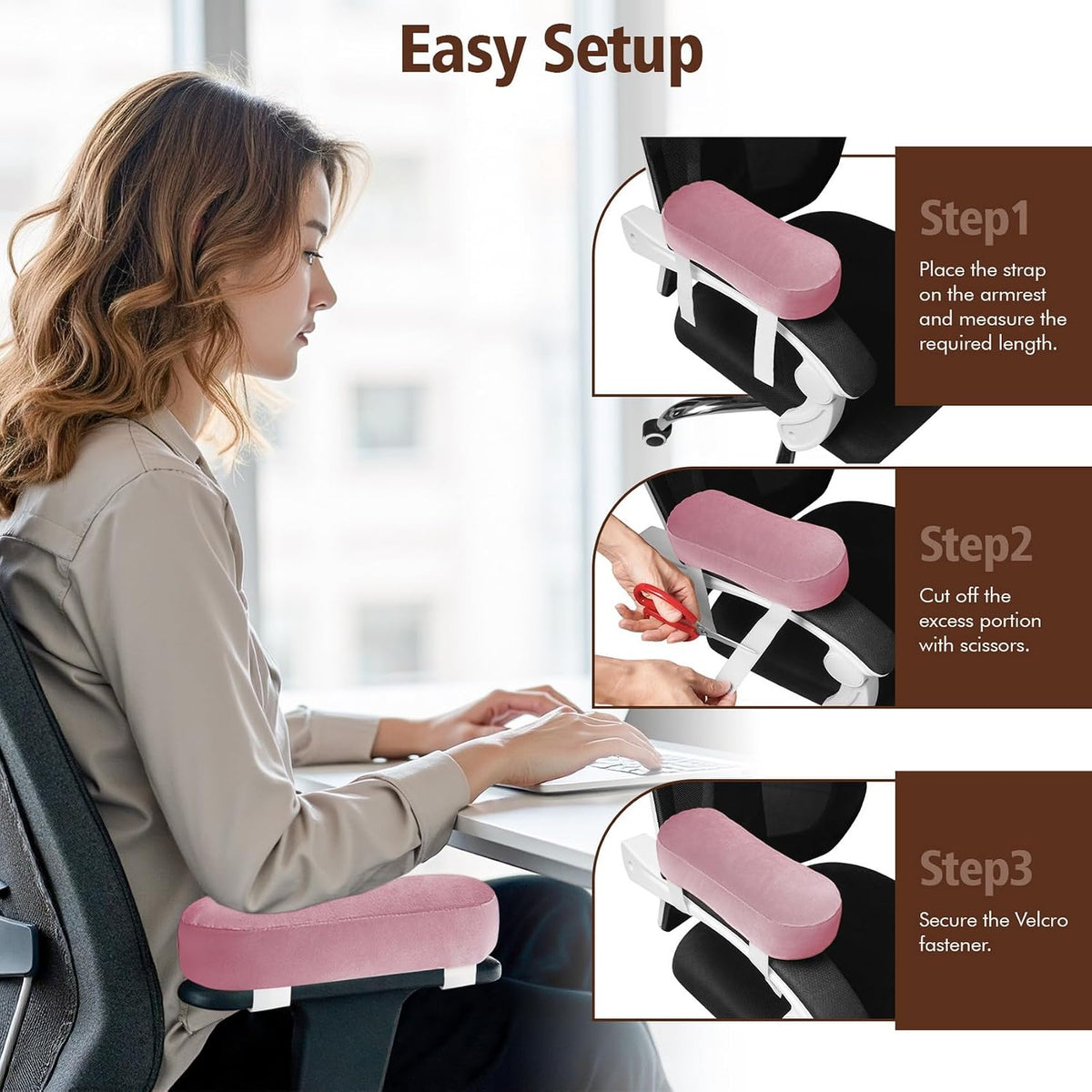 2-Pack Non-Slip Armrest Pads for Office & Gaming Chairs - Ergonomic Forearm Support Pillow for Desk, Computer & Wheelchair, Pressure Relief Cushions (Pink)