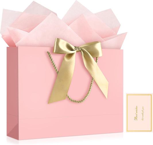 Pink Gift Bags with Handles, 13” Medium Gift Bag for Presents, 1 Pcs Bags with 2 Tissue Paper and 1 Cards for Graduation Baby Shower Wedding Bridal Shower Mother's Day Birthday Party（pink）