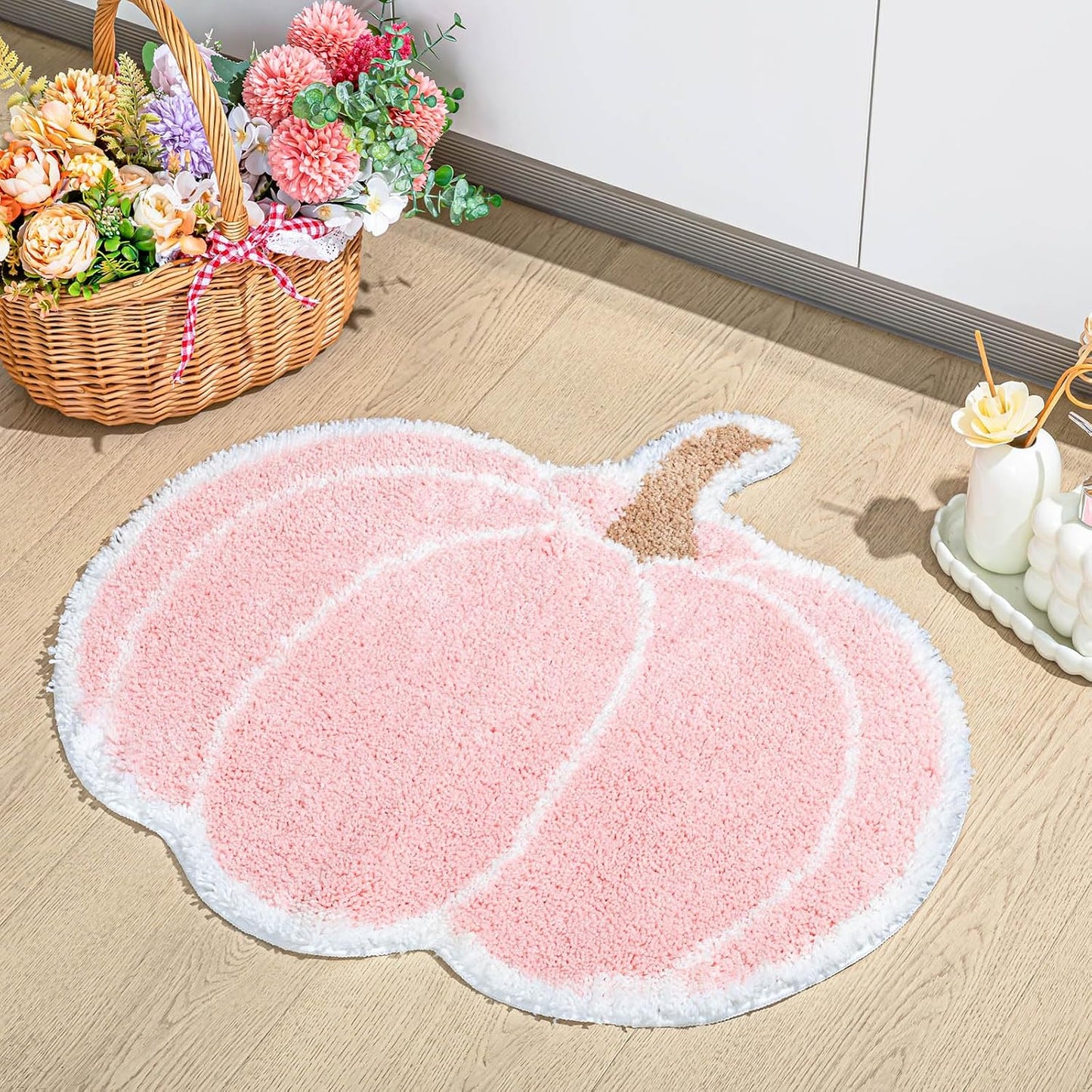 Fall Pumpkin Rug Bath Mat 26"x24" Halloween Plush Bath Rug, Pink