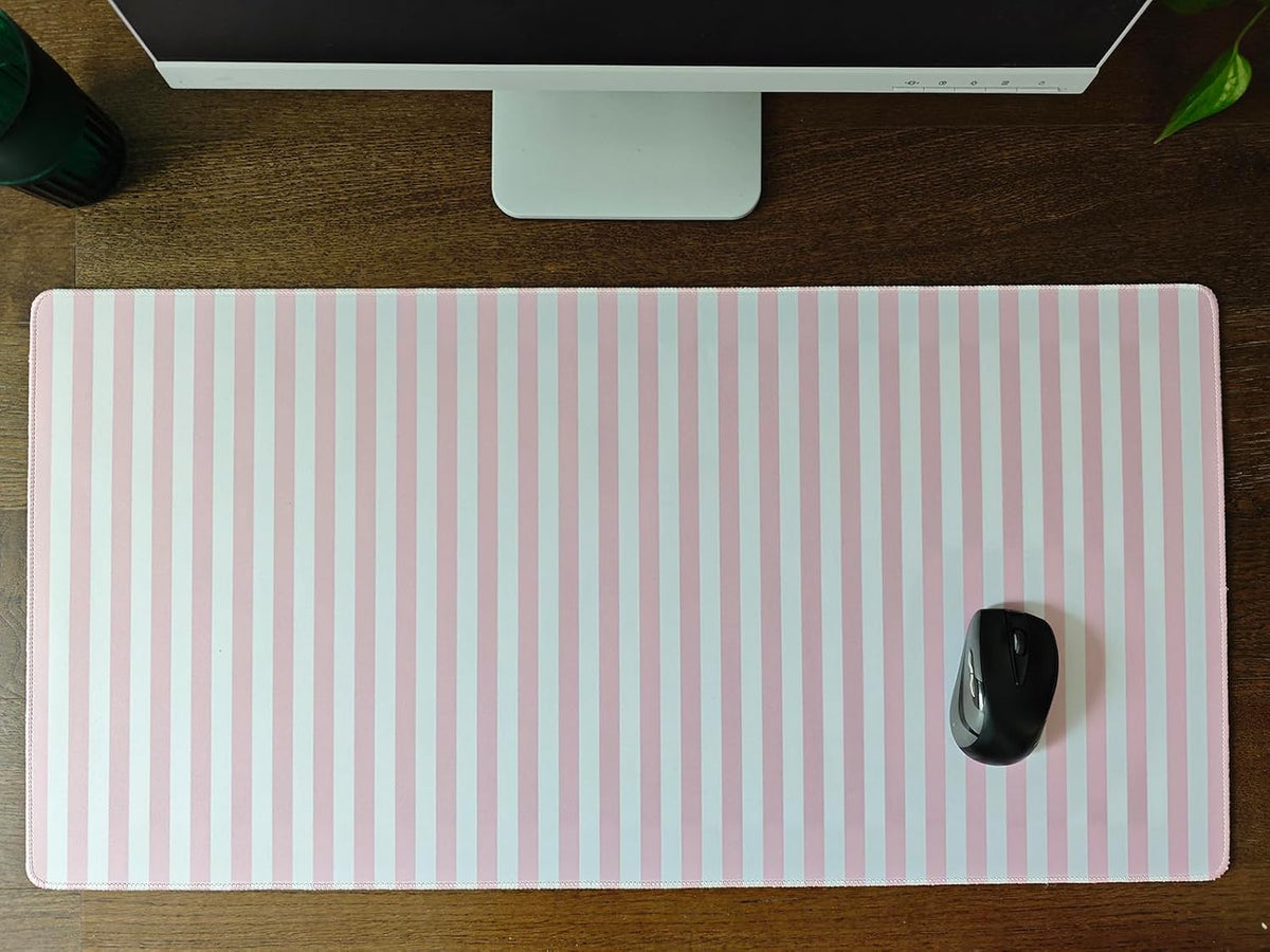 Light Pink Striped Desk Mat Cute Pastel XXL Large Gaming Mouse Pad Desk Pad Kawaii Cozy Aesthetic Keyboard Laptop Computer Mat Home Office Decor for Women