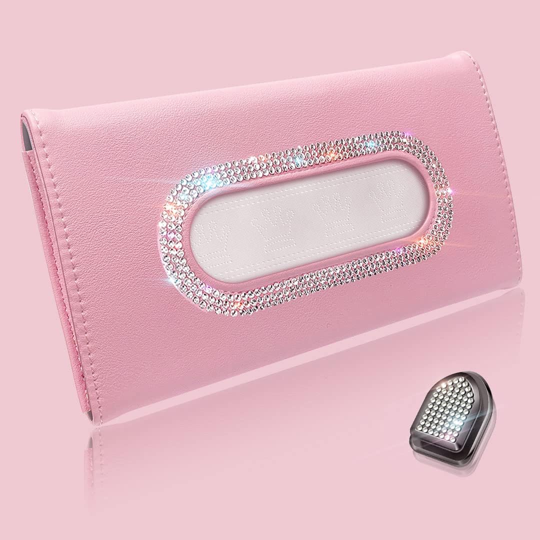 Bling Car Visor Tissue Holder, Diamond Mask Holder for Car Visor, PU Leather Tissue Box Holder,Wipes Case for Car Visor, Sun Visor Napkin Holder(Pink)