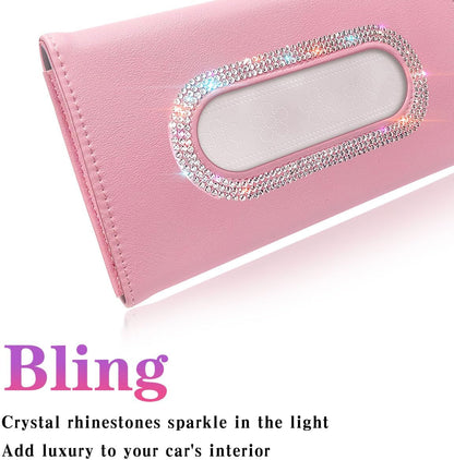 Bling Car Visor Tissue Holder, Diamond Mask Holder for Car Visor, PU Leather Tissue Box Holder,Wipes Case for Car Visor, Sun Visor Napkin Holder(Pink)