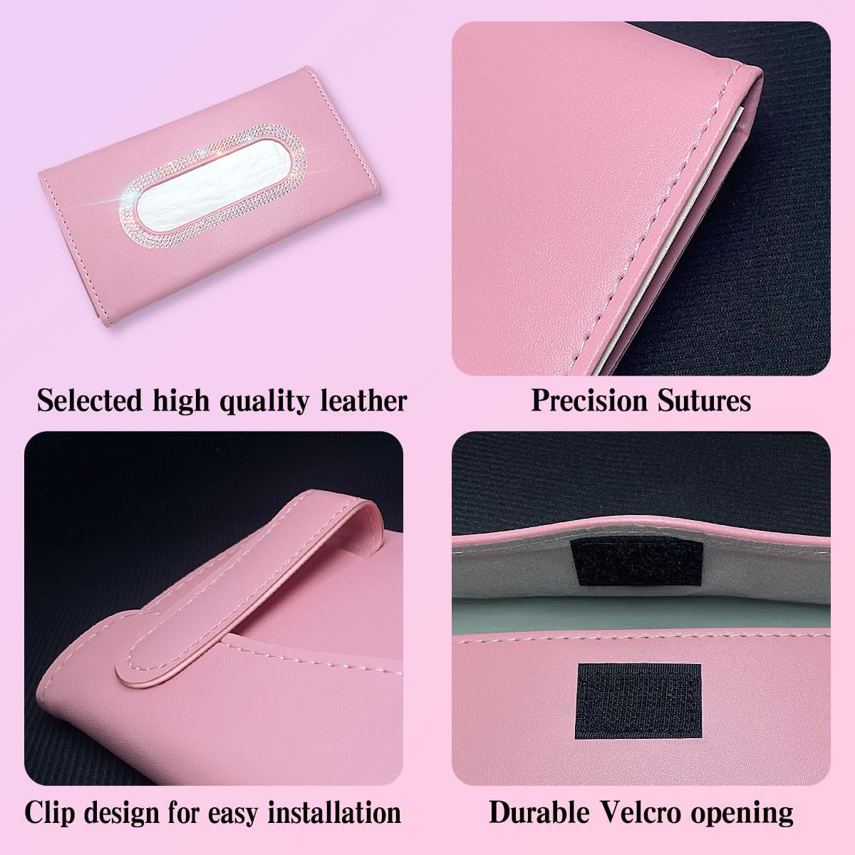 Bling Car Visor Tissue Holder, Diamond Mask Holder for Car Visor, PU Leather Tissue Box Holder,Wipes Case for Car Visor, Sun Visor Napkin Holder(Pink)