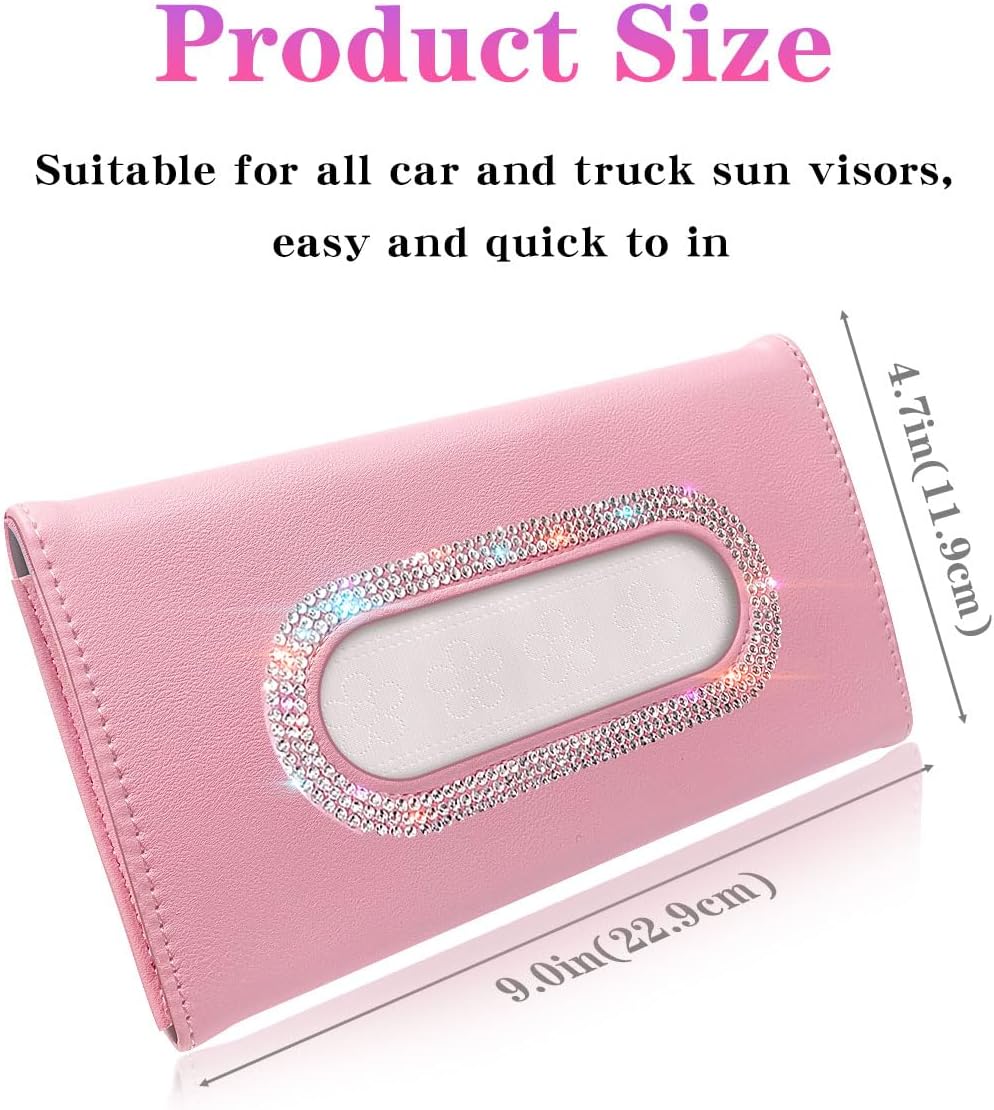 Bling Car Visor Tissue Holder, Diamond Mask Holder for Car Visor, PU Leather Tissue Box Holder,Wipes Case for Car Visor, Sun Visor Napkin Holder(Pink)