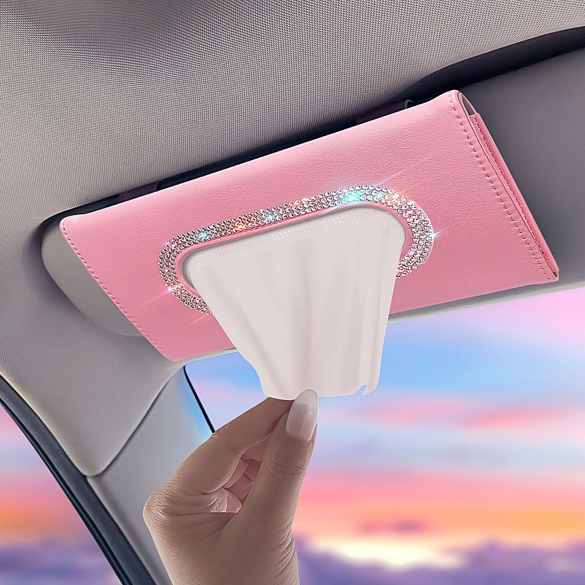 Bling Car Visor Tissue Holder, Diamond Mask Holder for Car Visor, PU Leather Tissue Box Holder,Wipes Case for Car Visor, Sun Visor Napkin Holder(Pink)