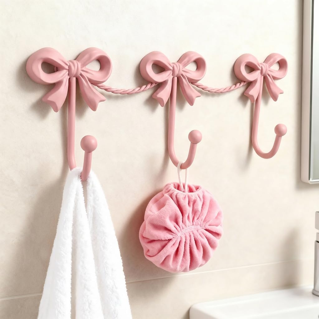 Pink Bow Wall Hooks for Girls Room, Nursery Decor, 13.58*4.33 inches