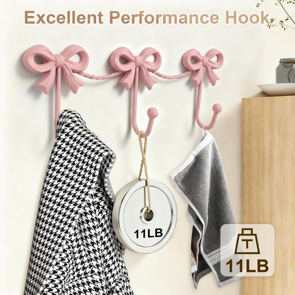 Pink Bow Wall Hooks for Girls Room, Nursery Decor, 13.58*4.33 inches