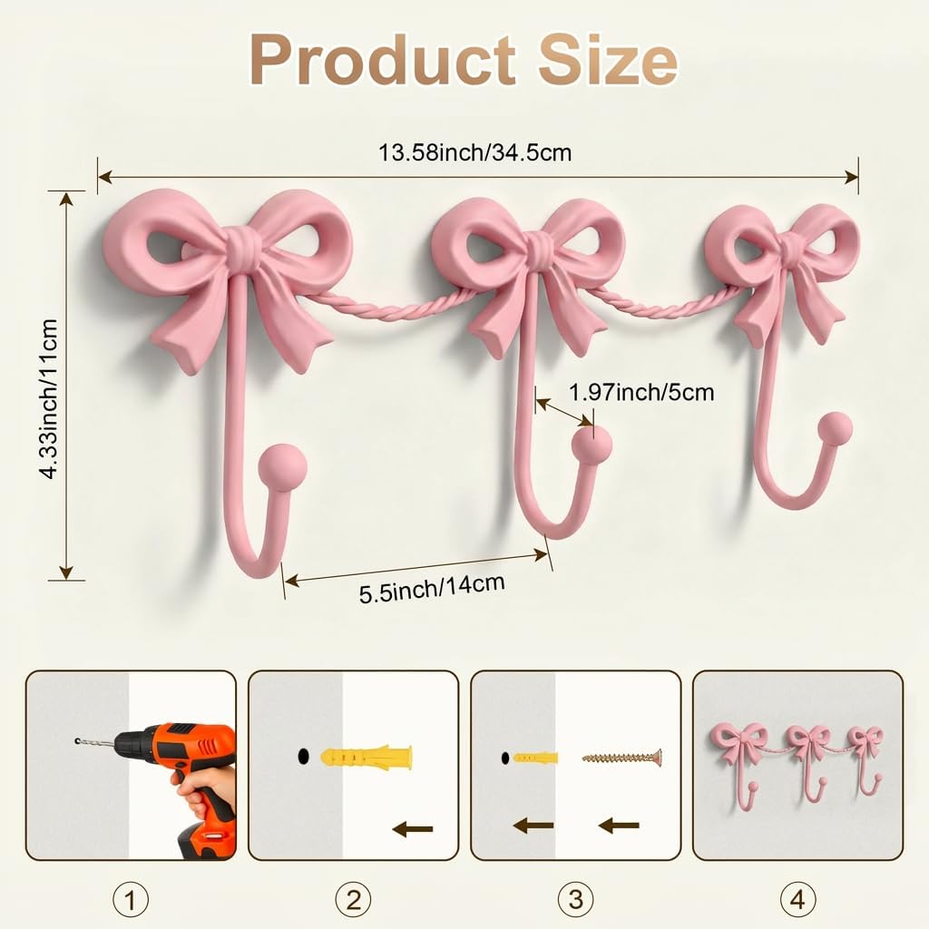 Pink Bow Wall Hooks for Girls Room, Nursery Decor, 13.58*4.33 inches