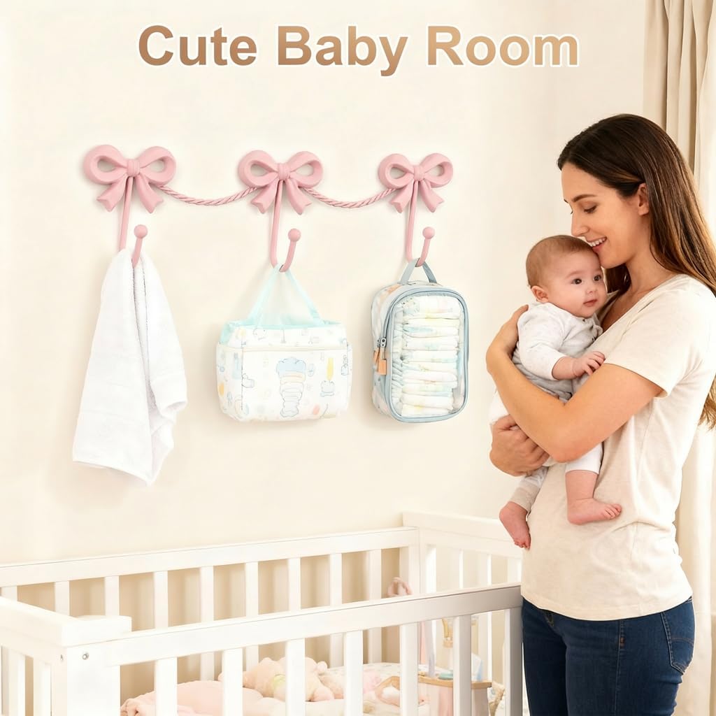 Pink Bow Wall Hooks for Girls Room, Nursery Decor, 13.58*4.33 inches