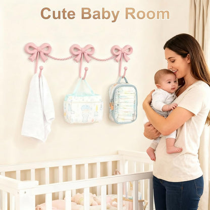 Pink Bow Wall Hooks for Girls Room, Nursery Decor, 13.58*4.33 inches