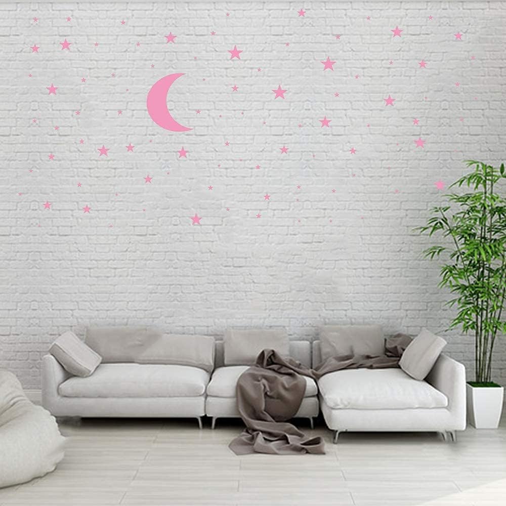 Moon and Stars Wall Decal Vinyl Sticker, Pink