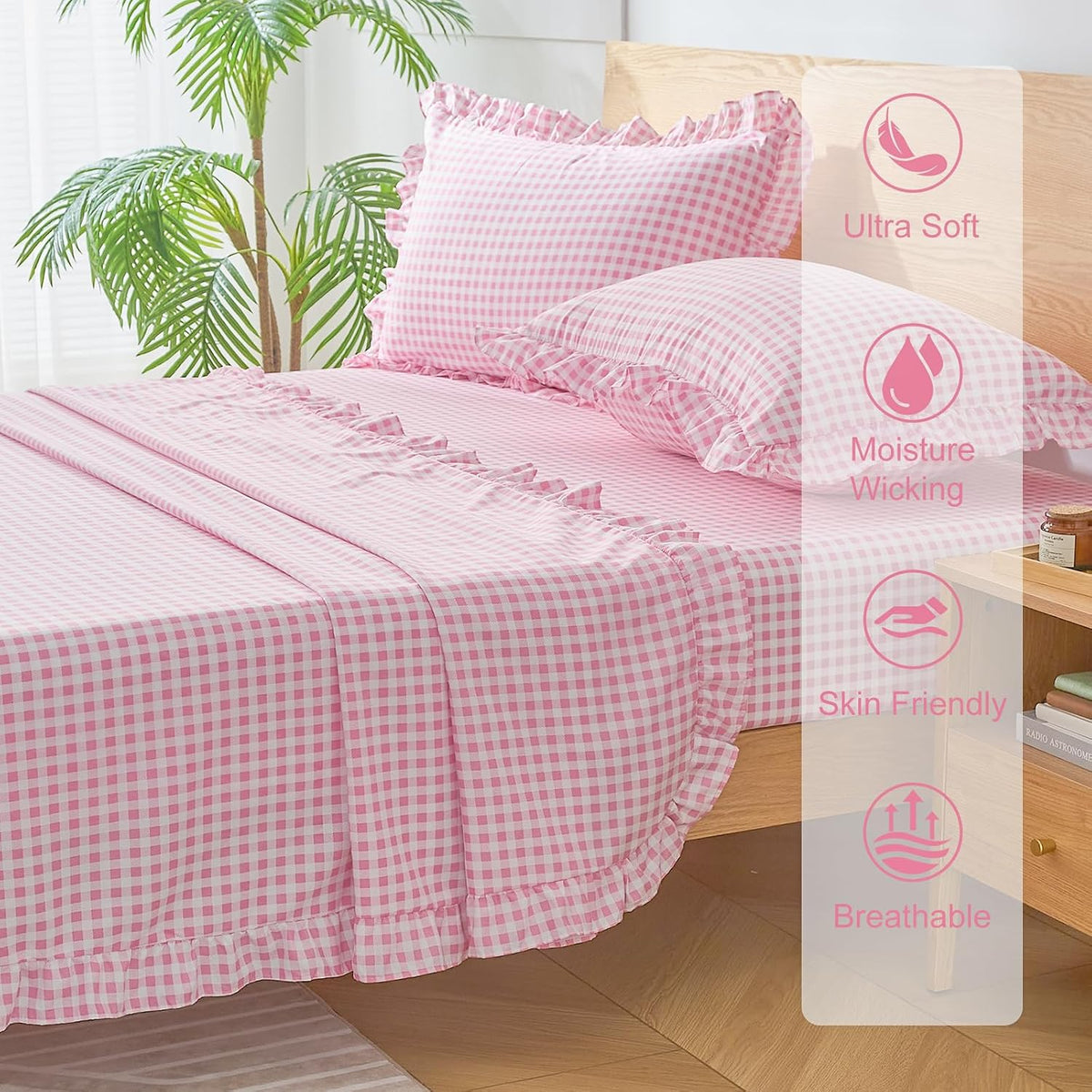 Gingham Queen Sheet Set, Lightweight Super Soft Brushed Microfiber Plaid Bed Sheets with 16" Deep Pocket, 4 Piece Ruffle Farmhouse Bedroom Decor, Pink