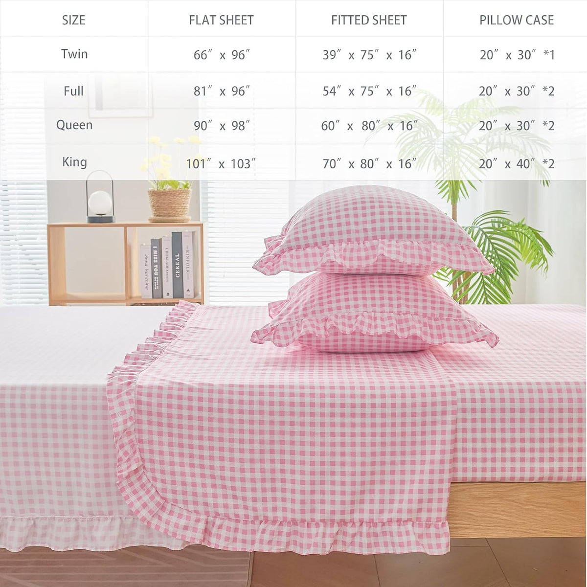 Gingham Queen Sheet Set, Lightweight Super Soft Brushed Microfiber Plaid Bed Sheets with 16" Deep Pocket, 4 Piece Ruffle Farmhouse Bedroom Decor, Pink