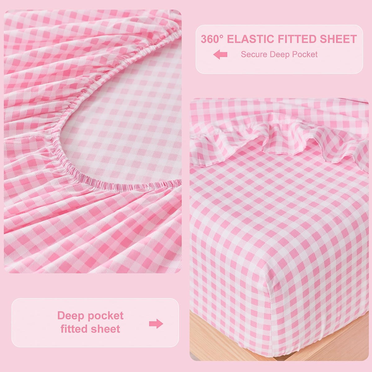 Gingham Queen Sheet Set, Lightweight Super Soft Brushed Microfiber Plaid Bed Sheets with 16" Deep Pocket, 4 Piece Ruffle Farmhouse Bedroom Decor, Pink