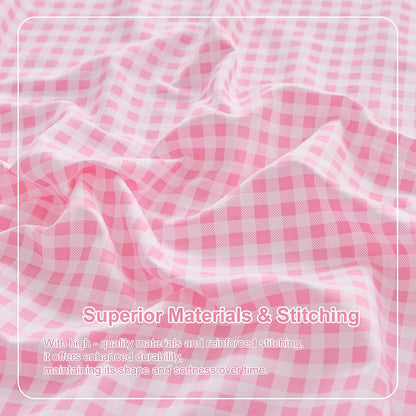 Gingham Queen Sheet Set, Lightweight Super Soft Brushed Microfiber Plaid Bed Sheets with 16" Deep Pocket, 4 Piece Ruffle Farmhouse Bedroom Decor, Pink