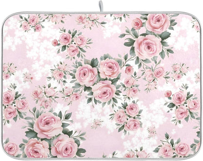 Floral Pink Roses Bouquets Dish Drying Mat for Kitchen Counter Absorbent Microfiber Drying Pad, Medium 16x18 in