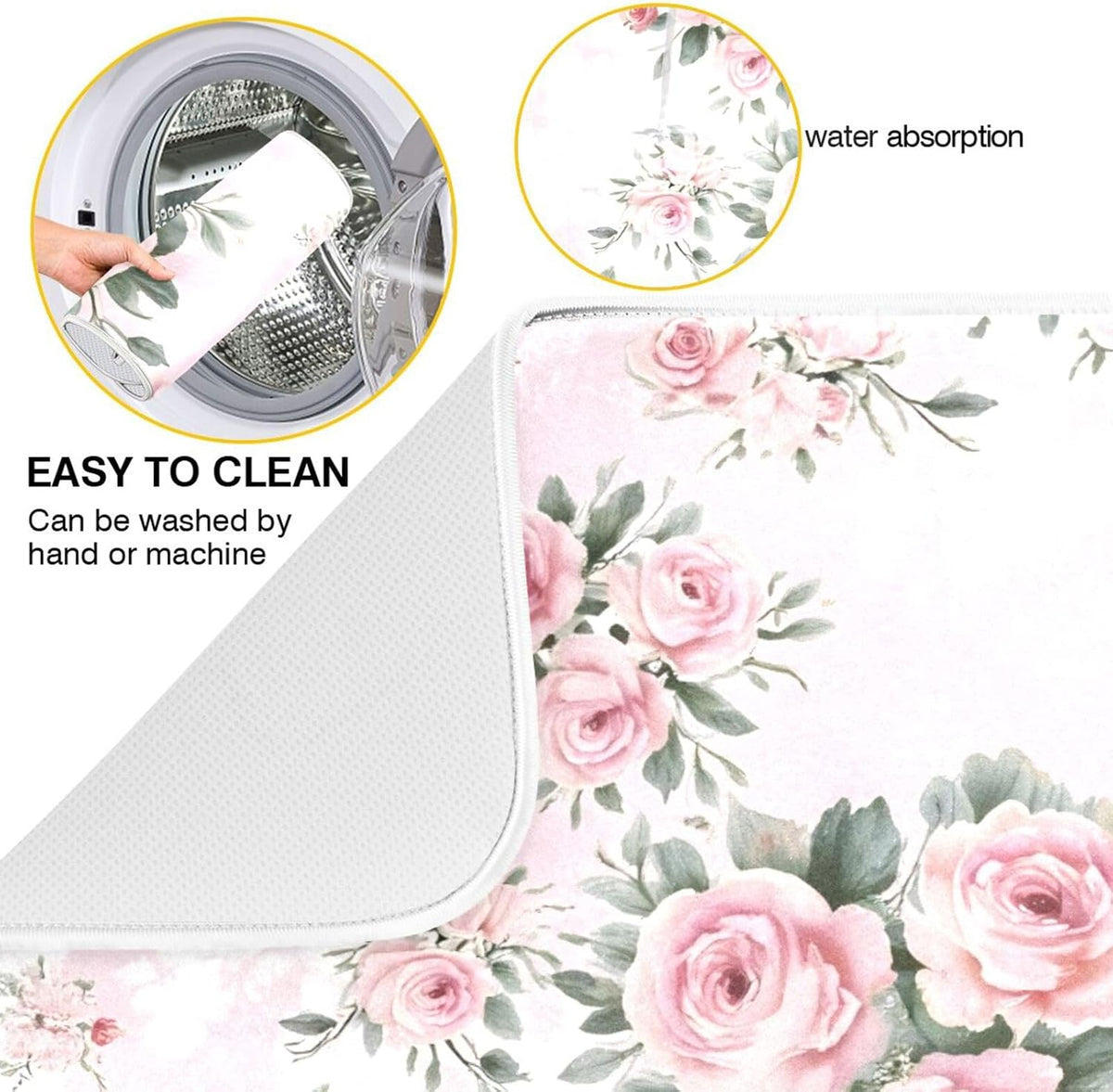 Floral Pink Roses Bouquets Dish Drying Mat for Kitchen Counter Absorbent Microfiber Drying Pad, Medium 16x18 in