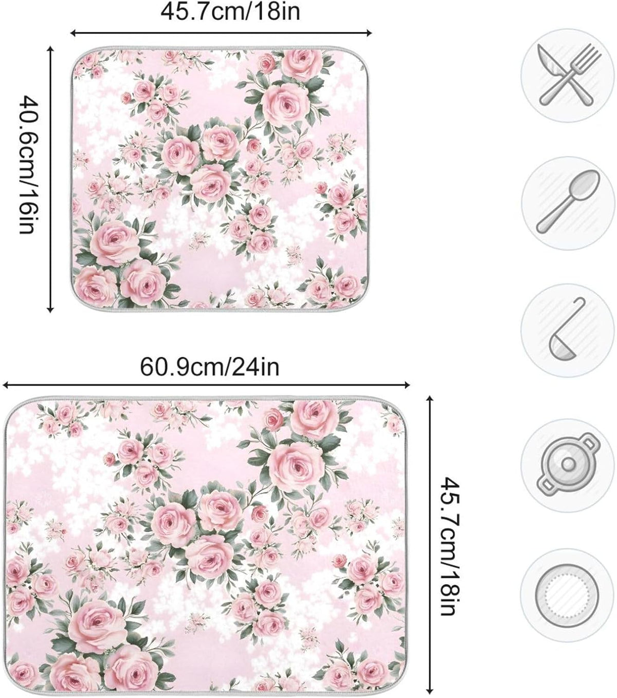 Floral Pink Roses Bouquets Dish Drying Mat for Kitchen Counter Absorbent Microfiber Drying Pad, Medium 16x18 in