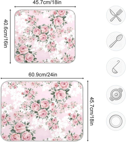 Floral Pink Roses Bouquets Dish Drying Mat for Kitchen Counter Absorbent Microfiber Drying Pad, Medium 16x18 in