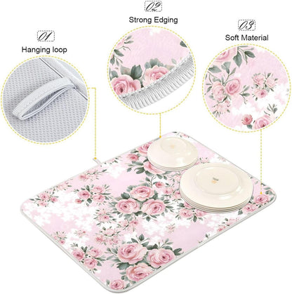 Floral Pink Roses Bouquets Dish Drying Mat for Kitchen Counter Absorbent Microfiber Drying Pad, Medium 16x18 in