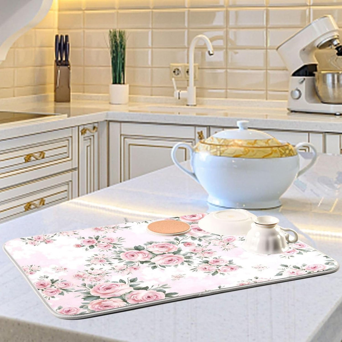 Floral Pink Roses Bouquets Dish Drying Mat for Kitchen Counter Absorbent Microfiber Drying Pad, Medium 16x18 in