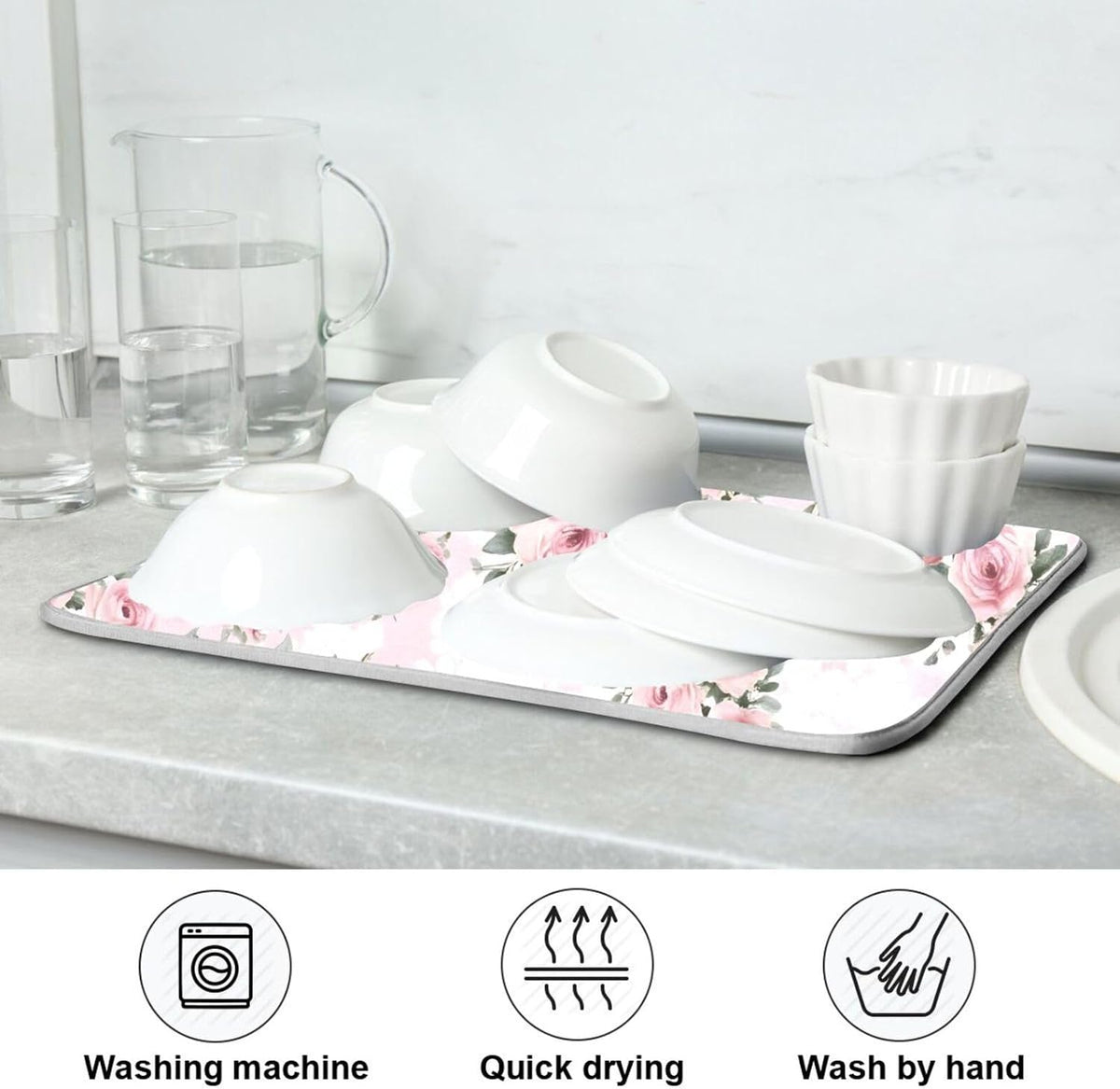 Floral Pink Roses Bouquets Dish Drying Mat for Kitchen Counter Absorbent Microfiber Drying Pad, Medium 16x18 in