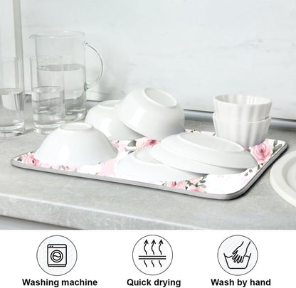 Floral Pink Roses Bouquets Dish Drying Mat for Kitchen Counter Absorbent Microfiber Drying Pad, Medium 16x18 in