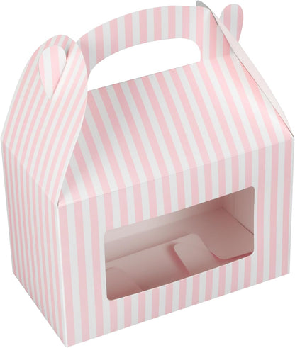 Bio Tek 8.5 x 4.8 x 5.5 Inch Gable Boxes For Party Favors, 25 Attractive Gift Boxes - Striped Design, With Clear PET Window, Pink And White Paper Barn Boxes, Built-In Handle