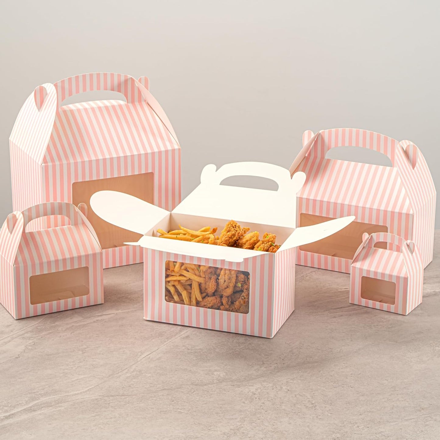 Bio Tek 8.5 x 4.8 x 5.5 Inch Gable Boxes For Party Favors, 25 Attractive Gift Boxes - Striped Design, With Clear PET Window, Pink And White Paper Barn Boxes, Built-In Handle