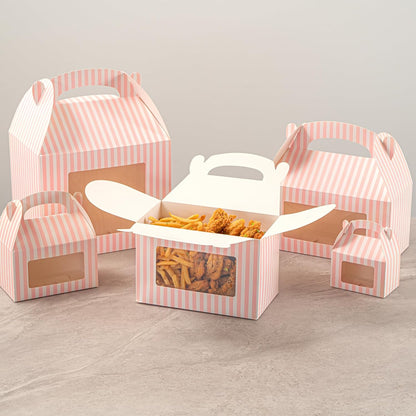 Bio Tek 8.5 x 4.8 x 5.5 Inch Gable Boxes For Party Favors, 25 Attractive Gift Boxes - Striped Design, With Clear PET Window, Pink And White Paper Barn Boxes, Built-In Handle