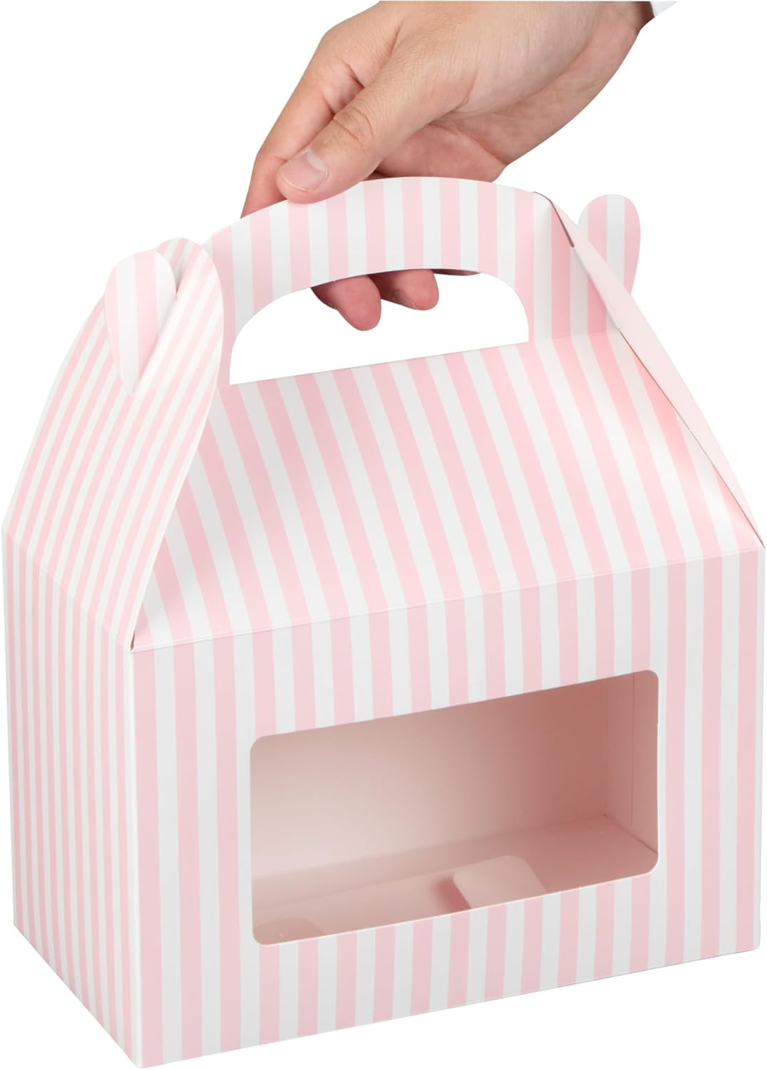 Bio Tek 8.5 x 4.8 x 5.5 Inch Gable Boxes For Party Favors, 25 Attractive Gift Boxes - Striped Design, With Clear PET Window, Pink And White Paper Barn Boxes, Built-In Handle