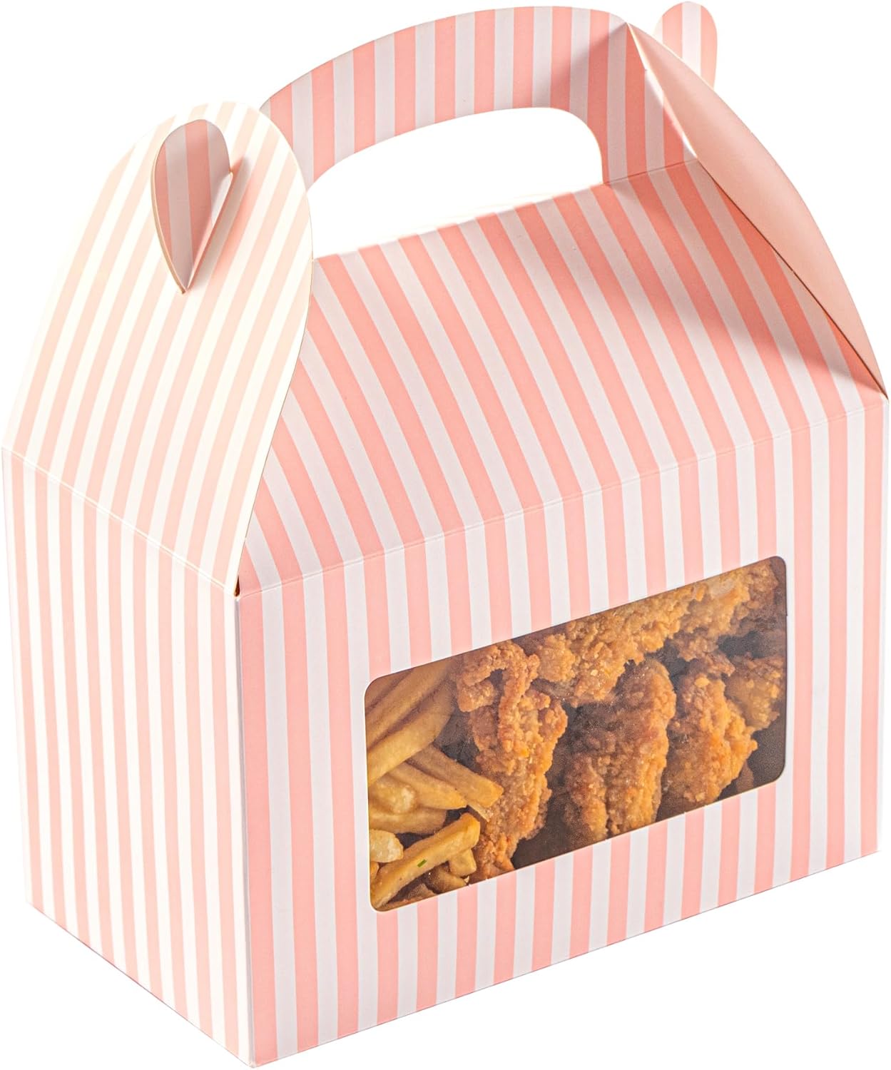 Bio Tek 8.5 x 4.8 x 5.5 Inch Gable Boxes For Party Favors, 25 Attractive Gift Boxes - Striped Design, With Clear PET Window, Pink And White Paper Barn Boxes, Built-In Handle