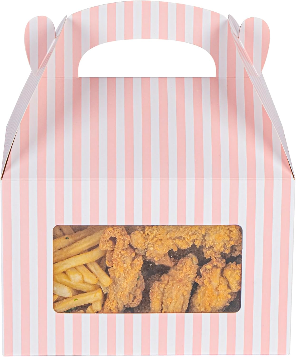 Bio Tek 8.5 x 4.8 x 5.5 Inch Gable Boxes For Party Favors, 25 Attractive Gift Boxes - Striped Design, With Clear PET Window, Pink And White Paper Barn Boxes, Built-In Handle