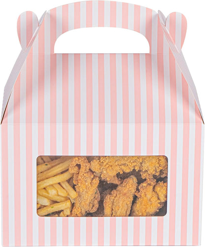 Bio Tek 8.5 x 4.8 x 5.5 Inch Gable Boxes For Party Favors, 25 Attractive Gift Boxes - Striped Design, With Clear PET Window, Pink And White Paper Barn Boxes, Built-In Handle