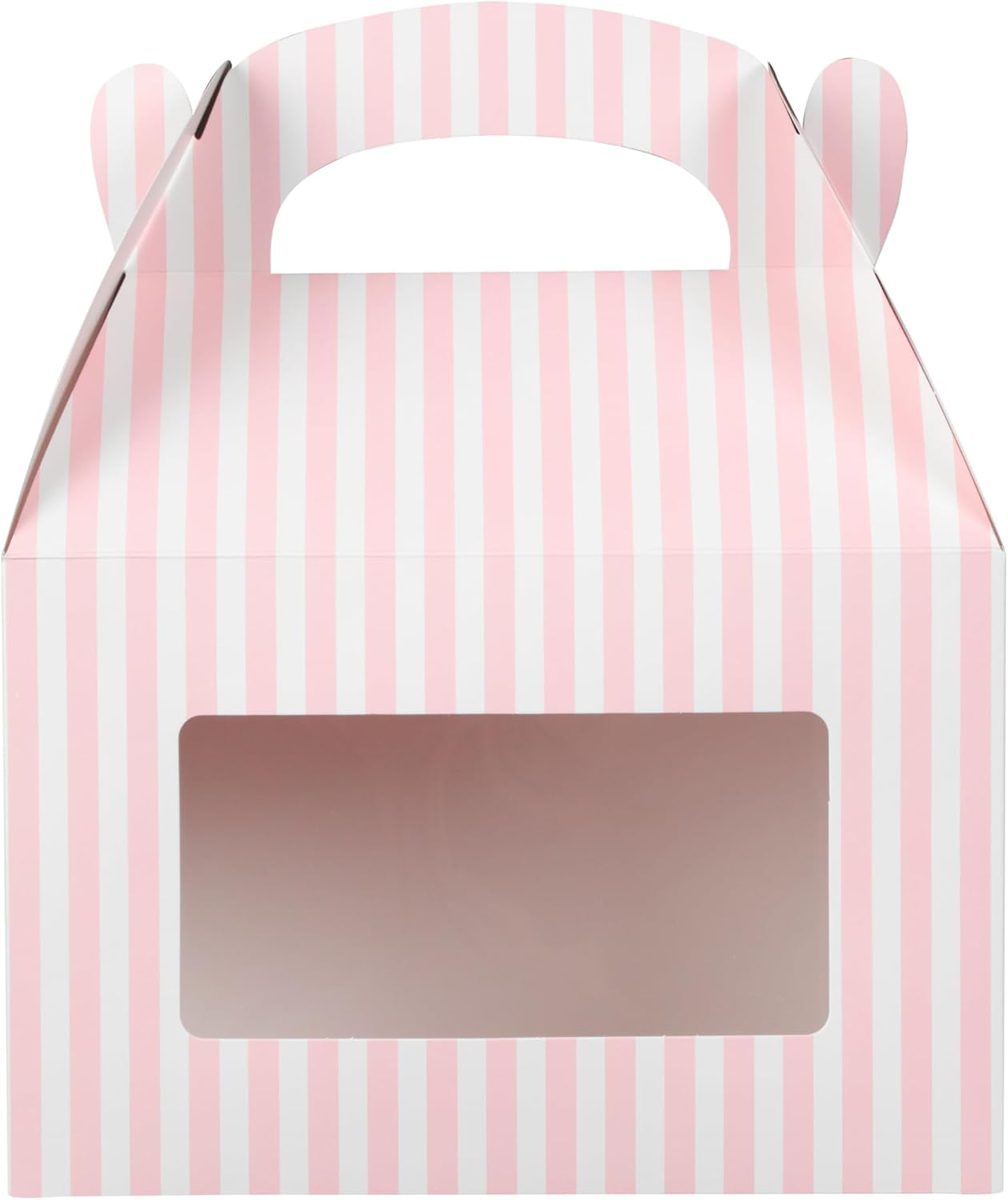 Bio Tek 8.5 x 4.8 x 5.5 Inch Gable Boxes For Party Favors, 25 Attractive Gift Boxes - Striped Design, With Clear PET Window, Pink And White Paper Barn Boxes, Built-In Handle